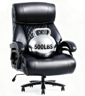 FLEXISPOT 500lbs Big and Tall Office Chair with Arms, High Back Office Chair for Heavy People, Wide Plus Size Chair with Inflatable Adjustable Lumbar Support Quiet Rubber Wheels, Leather, Black