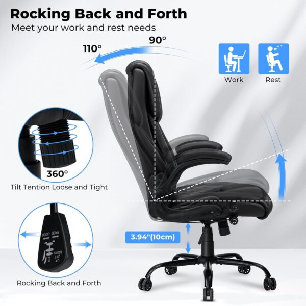 Big and Tall Office Chair 450lbs Heavy Duty Ergonomic Executive Desk Chair with Adjustable Lumbar Support High Back Home Computer Leather Chair with Padded Flip-up Arms for Heavy People Black