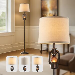 63'' Farmhouse Lantern Floor Lamp for Living Room with 2 Light Sources, Rustic Vintage Resin Tall Standing Lamp with Glass Night Light for Bedroom Office Study Room, Bulb Included (Bronze)