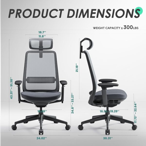 COLAMY Ergonomic Office Chair, High Back Computer Executive Desk Chair with Lumbar Support, Adjustable Headrest and 4D Arms, Slide Seat-BlackGrey