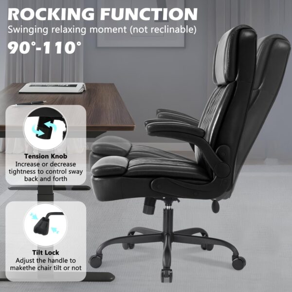 450LBS Big and Tall Executive Office Chair with Flip up Arm, Heavy Duty PU Leather Computer Desk Chair,Comfortable High Back Swivel Home Office Chair with Rolling for Adults,Spring Cushion,Metal Base