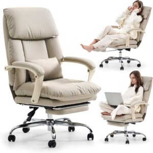 71rQu0WBgKL._AC_SL1500_.jpg EMIAH Office Chair with Foot Rest, Ergonomic Executive Office Chair with Arms, Reclining High Back PU Leather Comfy Swivel Computer Desk Chairs with Wheels and Lumbar Support for Home Office, Beige