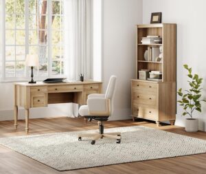 WAMPAT Home Office Furniture Set, 56'' Executive Desk with Charging Station, 72" Tall Bookcase with 3 Drawers, Wood Computer Desk with File Cabinet Storage, Open Shelf, Oak