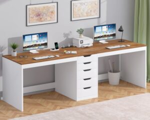 81TWR01KKqL._AC_SL1500_.jpg 2 Person Desk with 5 Drawers and Power Outlets, 78.7 Inch Long Computer Desk with Storage File Cabinet, Two Person Home Office Double Desk with Storage, Brown and White