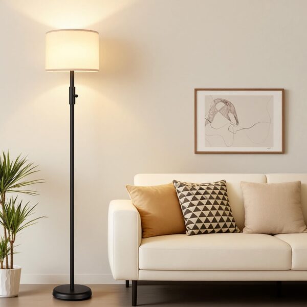 【Upgraded】 Dimmable Floor Lamp for Living Room, 1000 Lumens LED Bulb Included, Modern Floor Lamps Simple Design with Linen Shade, Tall Standing Lamp for Bedroom Office Dining Room, Black Pole Lamp