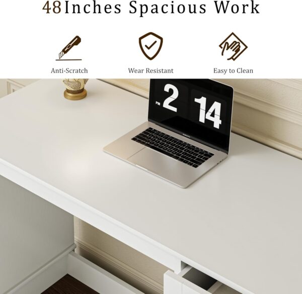 48”White Computer Desk with 3 Drawers, Modern Office Desk with Storage, Small Writing Desk for Bedroom, Living Room, Office