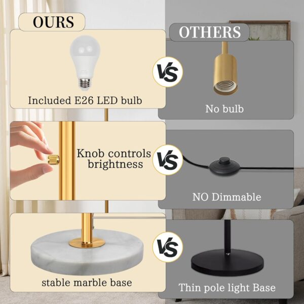 63.7" Modern Floor Lamp with White Marble Base & Linen Shade, Dimmable Tall Standing Lamp for Living Room & Bedroom, Gold Pole Light with 9W LED Bulb for Office Reading