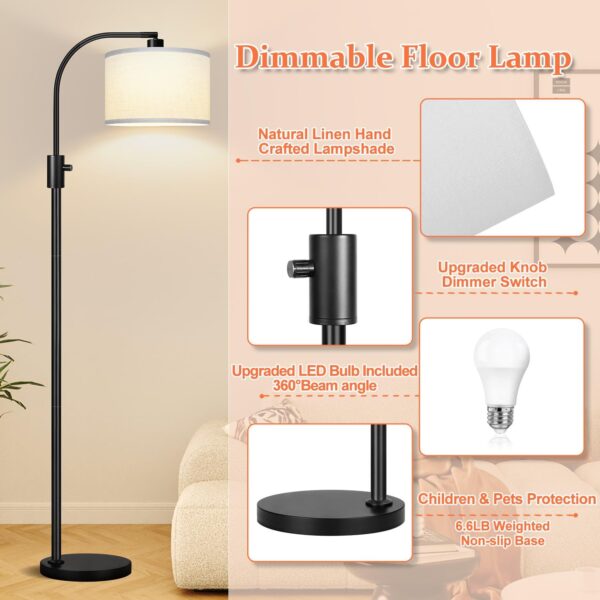 [Upgraded] Dimmable Floor Lamp, 1200 Lumens LED Edison Bulb Included, Arc Floor Lamps for Living Room Modern Standing Lamp with White Shade, Black Tall Lamp for Living Room Bedroom Office Dining Room