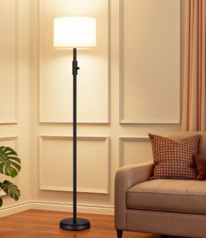 【Upgraded】 Dimmable Floor Lamp for Living Room, 1000 Lumens LED Bulb Included, Modern Floor Lamps Simple Design with Linen Shade, Tall Standing Lamp for Bedroom Office Dining Room, Black Pole Lamp