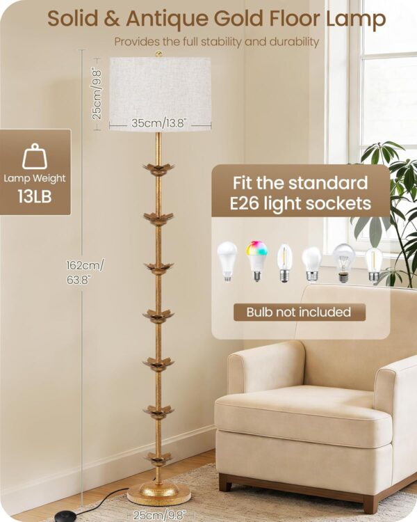 71eZstD44fL._AC_SL1500_.jpg 63.8” Floor Lamp with Landen Leaf, Antique Gold Standing Lamp with Foot Switch, Metal, Beige Linen Drum-Shaped Shade, Bulb Not Included, for Bedroom, Living Room D20LD05