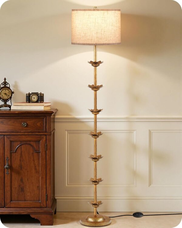 71yk4hb6feL._AC_SL1500_.jpg 63.8” Floor Lamp with Landen Leaf, Antique Gold Standing Lamp with Foot Switch, Metal, Beige Linen Drum-Shaped Shade, Bulb Not Included, for Bedroom, Living Room D20LD05