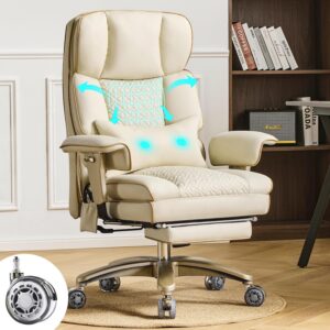Leather Office Chair with Footrest, High-Back Executive Office Chair with Adjustable Lumbar Support, Luxury Desk Chair with Silent Wheels Rocking 360° Swivel, Height Adjustment,Beige