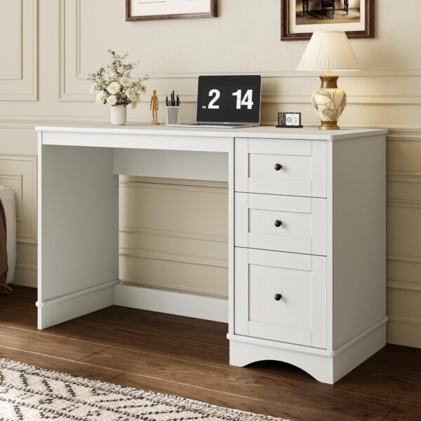 48”White Computer Desk with 3 Drawers, Modern Office Desk with Storage, Small Writing Desk for Bedroom, Living Room, Office
