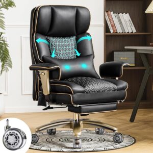 Big Tall Executive Office Chair 500lbs, Comfortable PU Leather Desk Chair with Footrest Adjustable Air Back Support, Lumbar Massage Function, 360°Swivel, Tilt Recline,Height Adjustment,Black