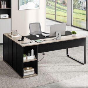 91AH6YC44GL._AC_SL1500_.jpg YITAHOME Executive Desk with Power Outlets, 71" L Shaped Desk with File Cabinet, Executive Desk with Drawers & Storage Shelves, Corner Office Desk with Bookshelf for Home Office, Grey & Black