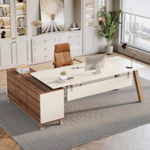 Tribesigns 78.7" L-Shaped Executive Desk, Modern Office Desk with File Drawers & Storage Shelves, Large Computer Desk with 55-Inch Cabinet, Business Workstation for Home Office, White & Walnut