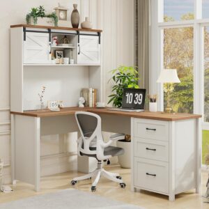 Vabches Farmhouse 68" H L Shaped Desk with Hutch,Office Table with 3 Drawers and Sliding Doors, Executive Desk with File Drawers and Charging Station, Wood Workstation for Home Office and Study