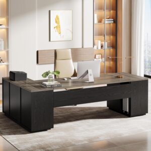 Tribesigns 85.8-Inch L-Shaped Executive Desk, Extra Large Modern Office Desk with File Drawers, Door Cabinet & Shelves, Commercial Office Table, Home Business Workstation, Grey & Black