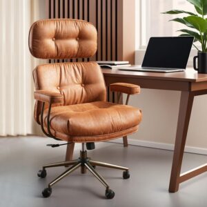 ovios Ergonomic Office Chair, High Back Faux Leather Executive Chairs with Thick Cushion, Comfy Mid-Century Modern Swivel Rolling Computer Armchair (Brown, Suede Leather)